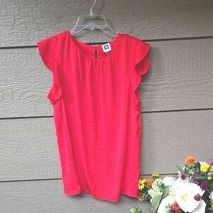 Anne Klein Red Textured Satin Flutter Sleeve Sleeveless Blouse S